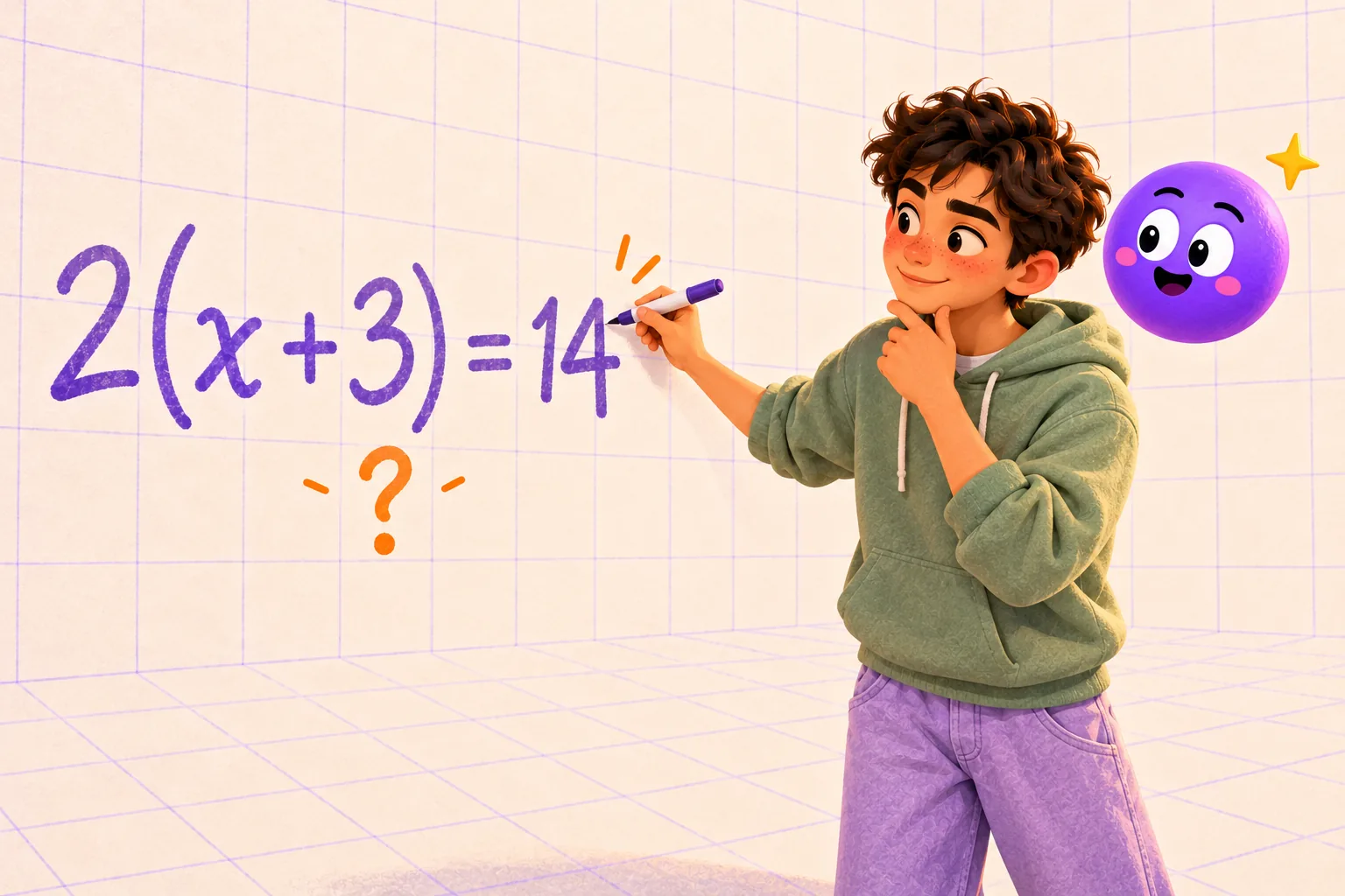 Um aluno escreve 2(x + 3) = 14 no quadro, com um ponto de interrogação por baixo, e pensa no primeiro passo; a Explica espreita ao lado.