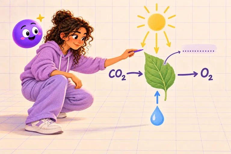 Uma aluna completa um esquema da fotossíntese: a luz e a água chegam à folha, o CO₂ entra, o O₂ sai e uma legenda está ainda por preencher.