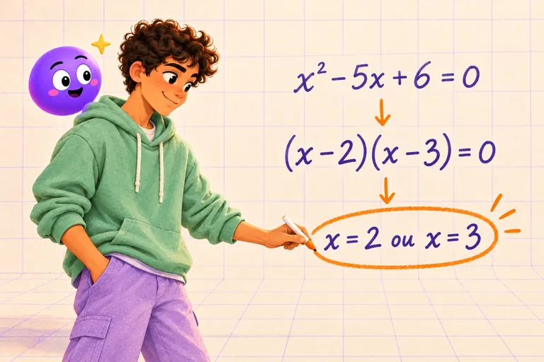 Um aluno resolve sozinho x² − 5x + 6 = 0: escreve (x − 2)(x − 3) = 0 e rodeia a laranja x = 2 ou x = 3, com a Explica ao ombro.