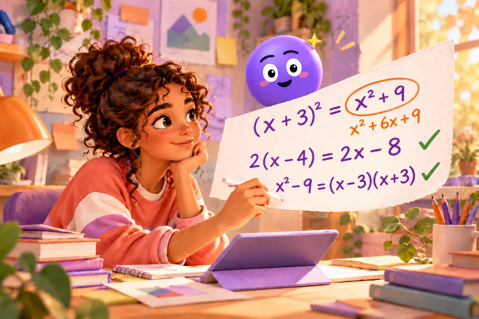 Uma aluna corrige (x + 3)² = x² + 9 para x² + 6x + 9, ao lado de duas linhas certas: 2(x − 4) = 2x − 8 e x² − 9 = (x − 3)(x + 3).