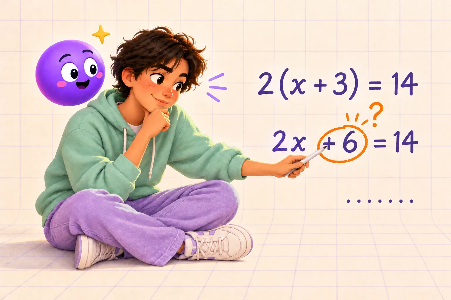 Um aluno pensativo rodeia o +6 em 2x + 6 = 14, por baixo de 2(x + 3) = 14, com um ponto de interrogação e a linha seguinte por escrever.