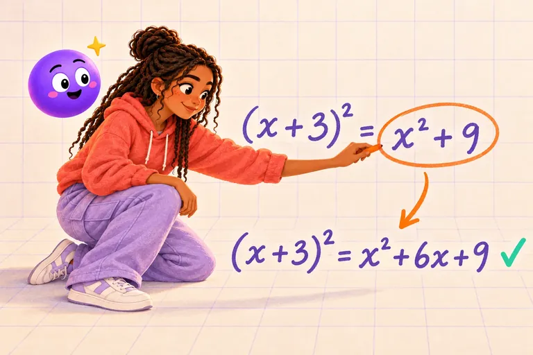 Uma aluna rodeia a laranja o erro (x + 3)² = x² + 9 e escreve por baixo a versão certa, (x + 3)² = x² + 6x + 9.