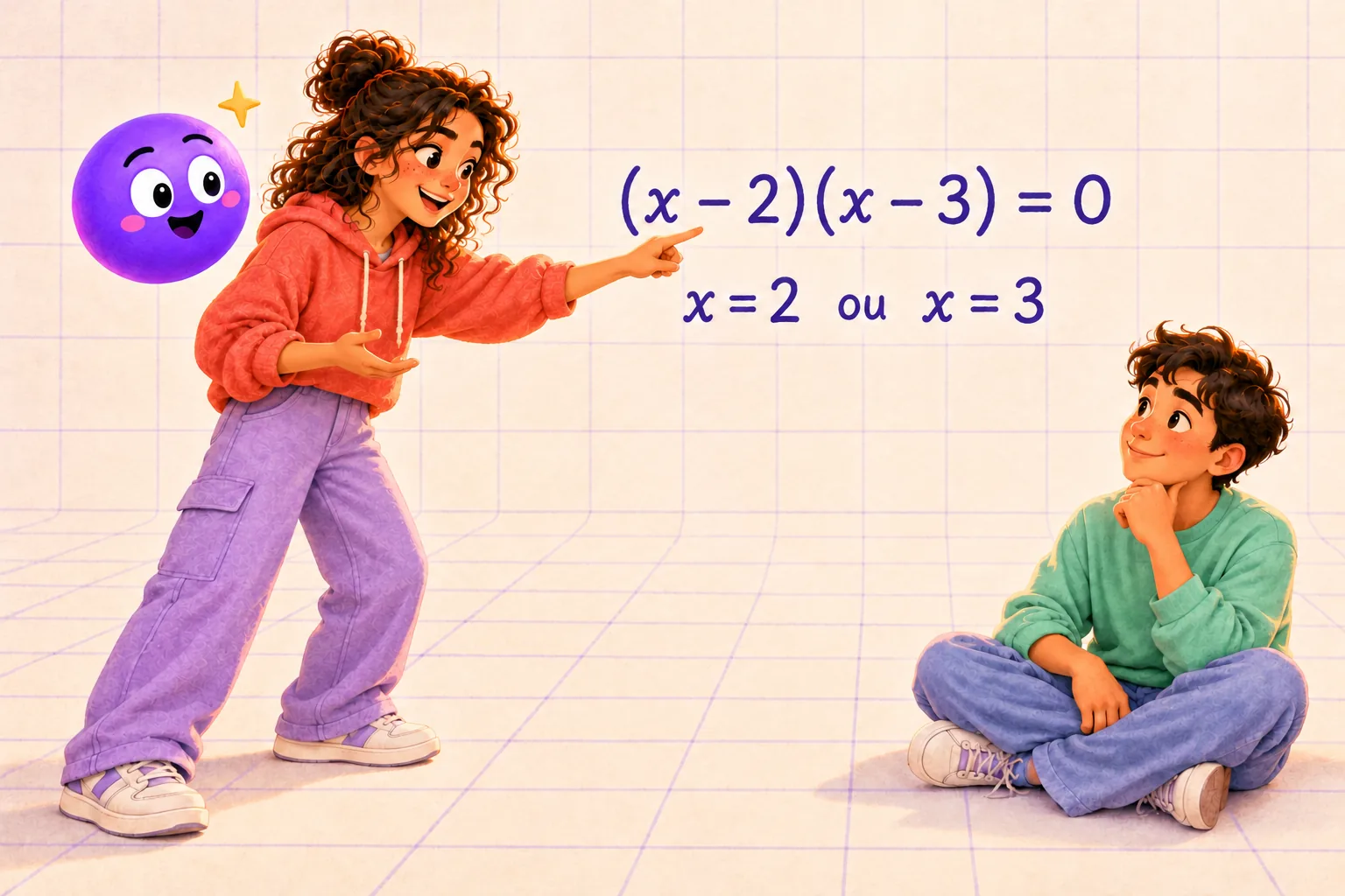 Uma aluna explica a um colega que (x − 2)(x − 3) = 0 dá x = 2 ou x = 3; ele ouve sentado, de mão no queixo, e a Explica acompanha.