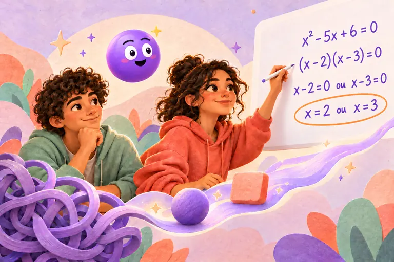 Dois alunos resolvem x² − 5x + 6 = 0 por fatorização no quadro e chegam a x = 2 ou x = 3, com a Explica a espreitar.