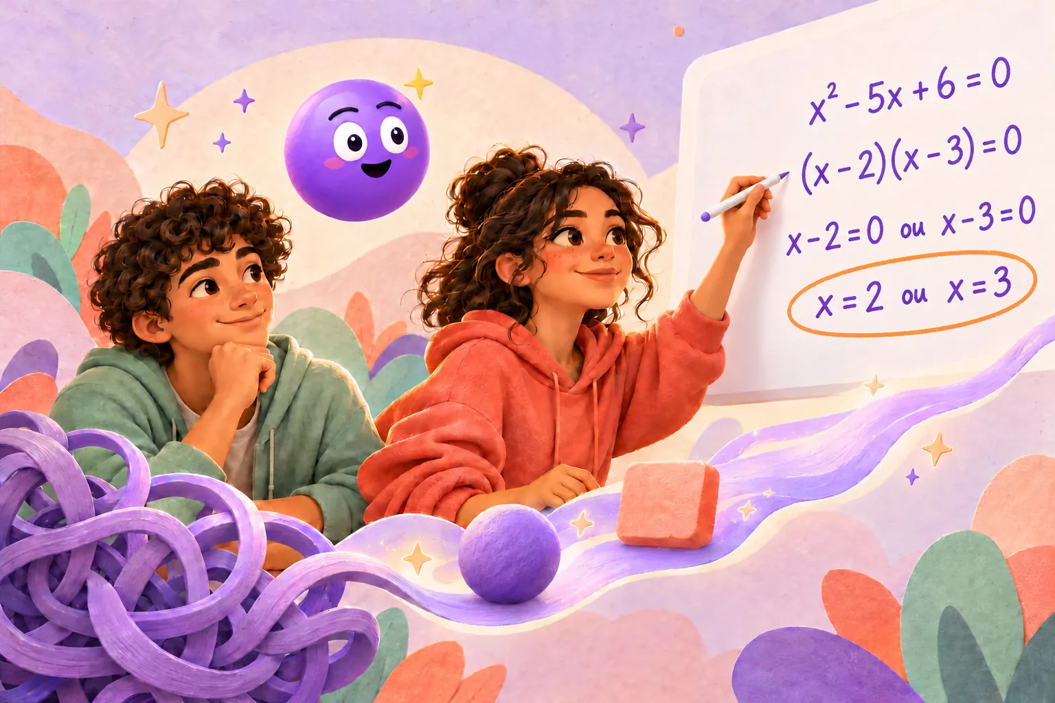 Dois alunos resolvem x² − 5x + 6 = 0 por fatorização no quadro e chegam a x = 2 ou x = 3, com a Explica a espreitar.