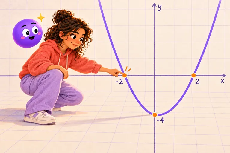 Uma aluna aponta um dos zeros de uma parábola desenhada no chão, a de y = x² − 4: zeros em −2 e 2 e vértice em (0, −4).