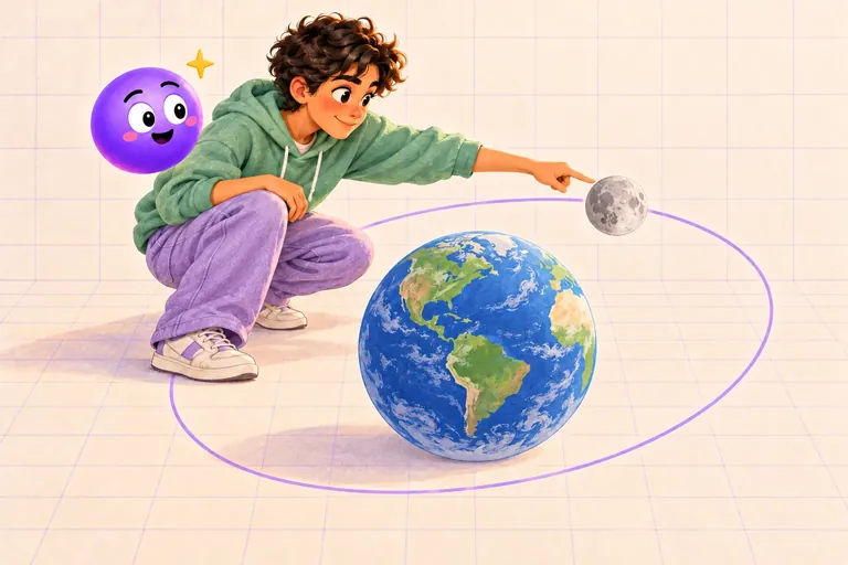 Um aluno aponta a Lua na sua órbita à volta da Terra, desenhada a roxo no chão quadriculado, com a Explica ao lado.