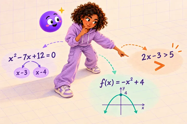 Uma aluna escolhe entre três exercícios misturados: x² − 7x + 12 = 0 com os fatores x − 3 e x − 4, a inequação 2x − 3 > 5 e o gráfico de f(x) = −x² + 4 com o vértice em 4.