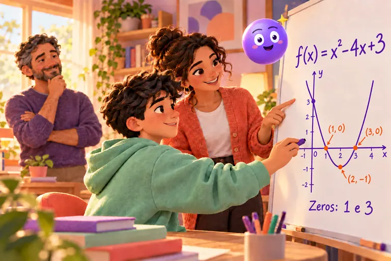 Um aluno e uma professora estudam o gráfico de f(x) = x² − 4x + 3, com os zeros 1 e 3 e o vértice (2, −1), enquanto o pai acompanha.