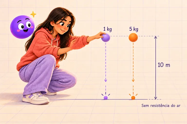 Uma aluna larga uma bola de 1 kg e outra de 5 kg da mesma altura, 10 m, sem resistência do ar: só muda a massa, e as duas chegam juntas ao chão.
