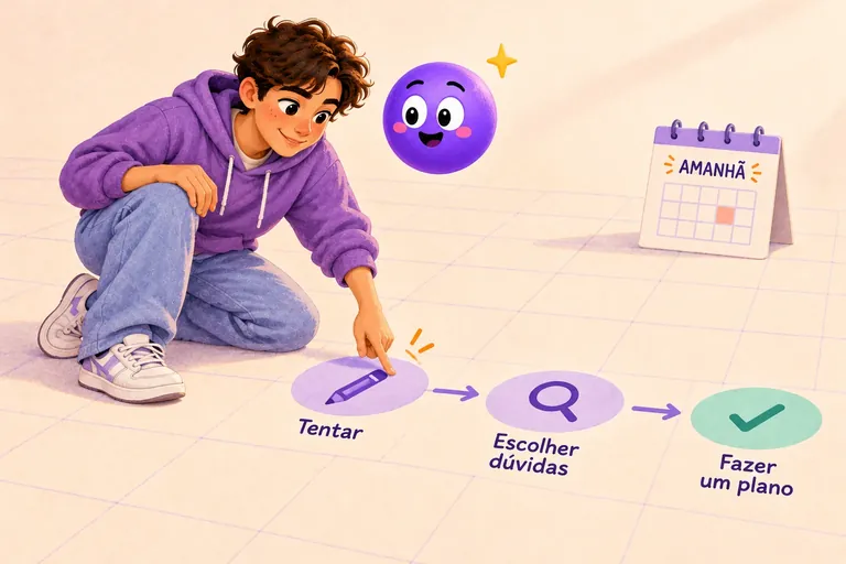 Um aluno aponta o primeiro passo de um caminho desenhado no chão: tentar, escolher dúvidas, fazer um plano; ao fundo, um calendário diz «amanhã».