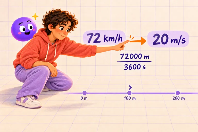 Um aluno aponta a conversão de 72 km/h para 20 m/s, com a conta 72 000 m sobre 3 600 s e uma linha de distâncias de 0 a 200 m.
