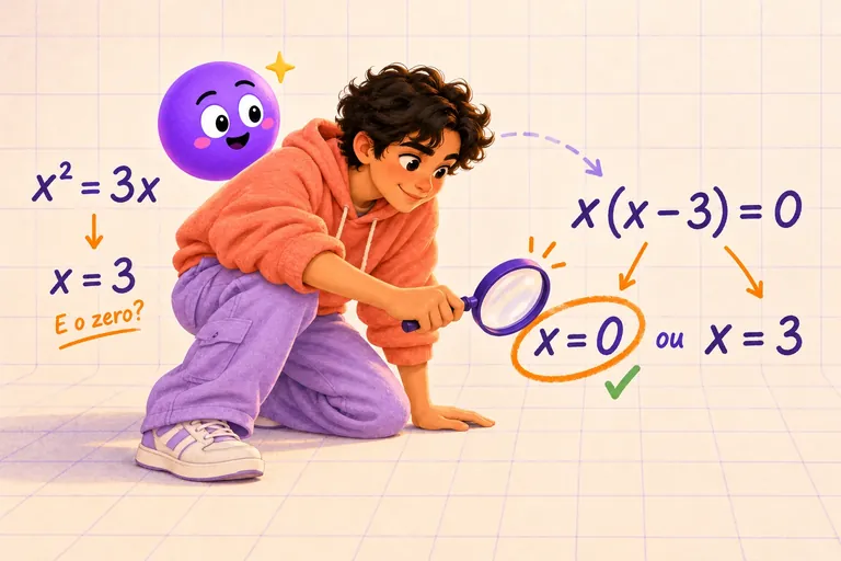 Um aluno de lupa examina duas resoluções: x² = 3x dividido por x dá só x = 3 («E o zero?»); x(x − 3) = 0 dá x = 0 ou x = 3, com o x = 0 rodeado.